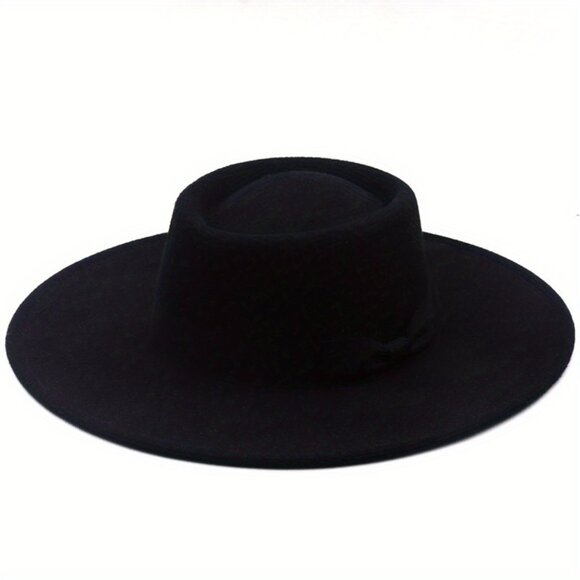 Bold Black Wide-Brim Felt Hat with Ribbon Bow Band - Picture 1 of 3